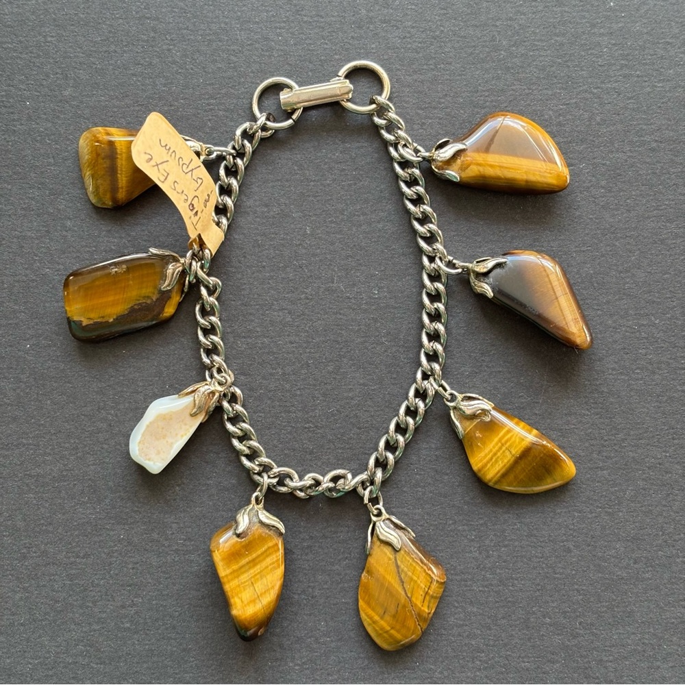 Handmade Vintage Tiger's Eye & Gypsum Silver Charm Bracelet